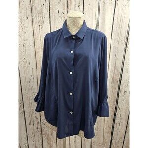 Gretchen Scott XXL Priss Blouse Chiffon Navy Blue‎ Button Down Shirt Tunic Plus